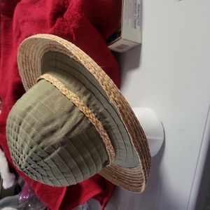 Sun ‘n’ Sand Natural Raffia and Fabric Olive Green Wide Brim Hat